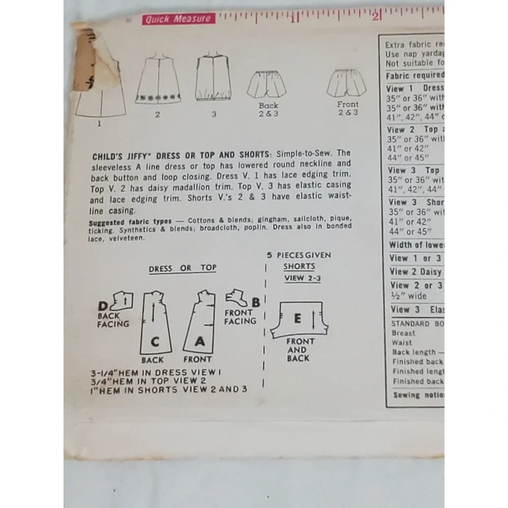 Vintage Simplicity 6039 Jiffy Sewing Pattern Child Size 5 Dress Top Shorts 1960s